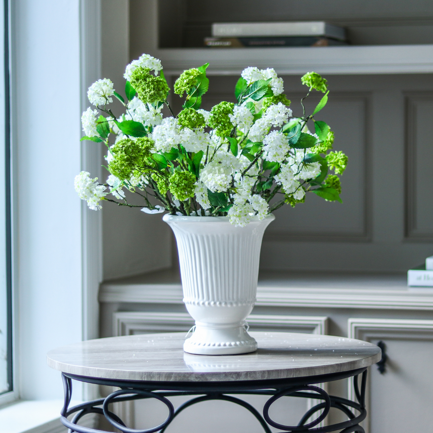 18" Cream Mini Snowball Spray with Greenery