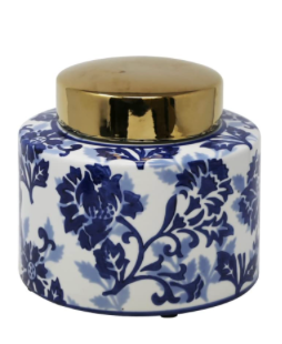 Blue & White Floral Jar with Gold Top